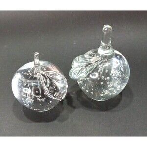 2 Hand Blown Vintage Lead Crystal Taiwan Apples Bubbles Paperweights